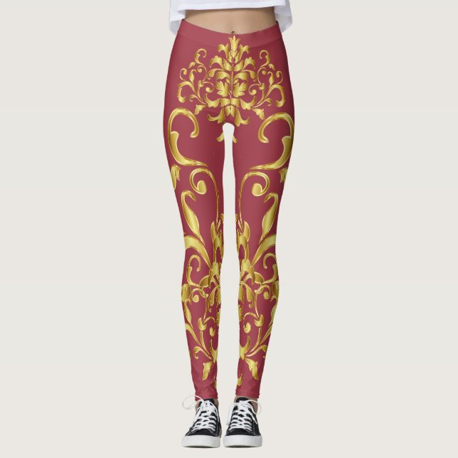 Jester Red with Gold Damask Pattern Athletic Leggings (Front)