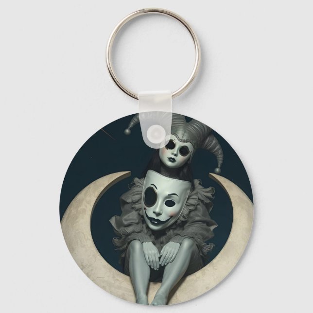 Jester sits on crescent moon wireless charger  key ring (Front)