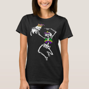 Jester Skeleton Dancing Cat Mardi Gras Mask Carniv T-Shirt