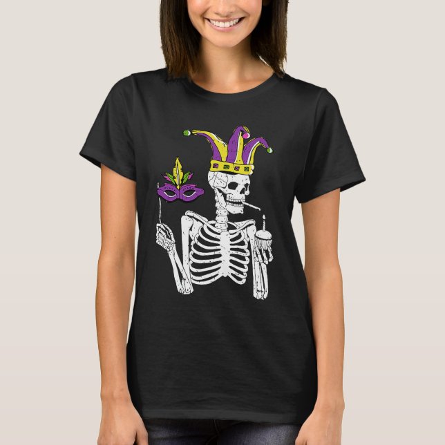 Jester Skeleton Masquerade Party Mardi Gras Mask C T-Shirt (Front)