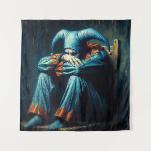 Jester Wearing Blue Sitting In Chair Tapestry