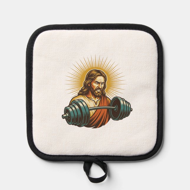 Jesus Accidentally Adding Too Much Weight Gym Fail Pot Holder (Front)