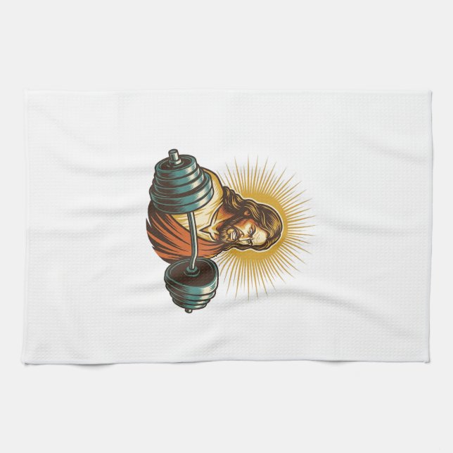 Jesus Accidentally Adding Too Much Weight Gym Fail Tea Towel (Horizontal)