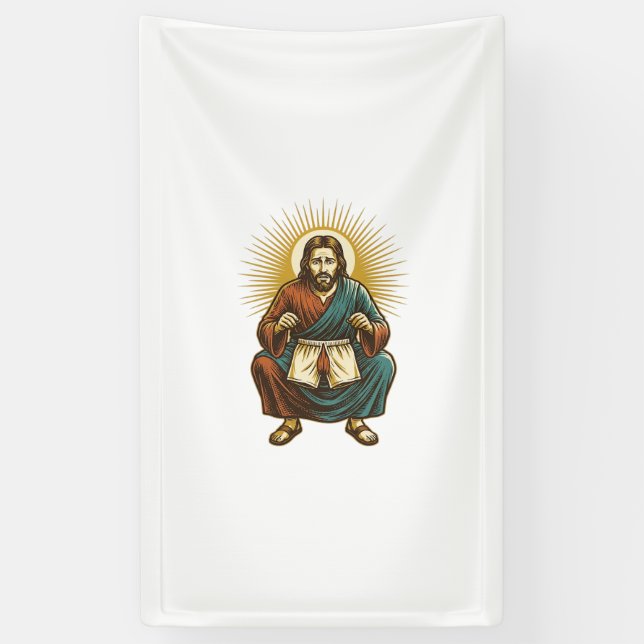 Jesus Adjusting Uncomfortable Wedgie Mid Squat Gym Banner (Vertical)