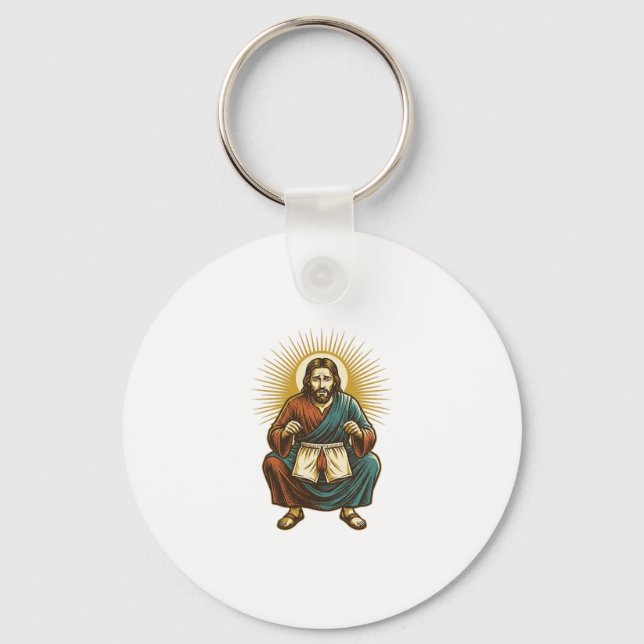 Jesus Adjusting Uncomfortable Wedgie Mid Squat Gym Key Ring (Front)
