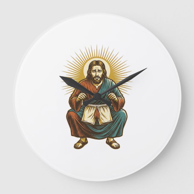 Jesus Adjusting Uncomfortable Wedgie Mid Squat Gym Large Clock (Front)