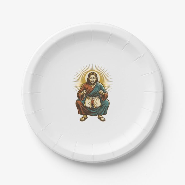 Jesus Adjusting Uncomfortable Wedgie Mid Squat Gym Paper Plate (Front)