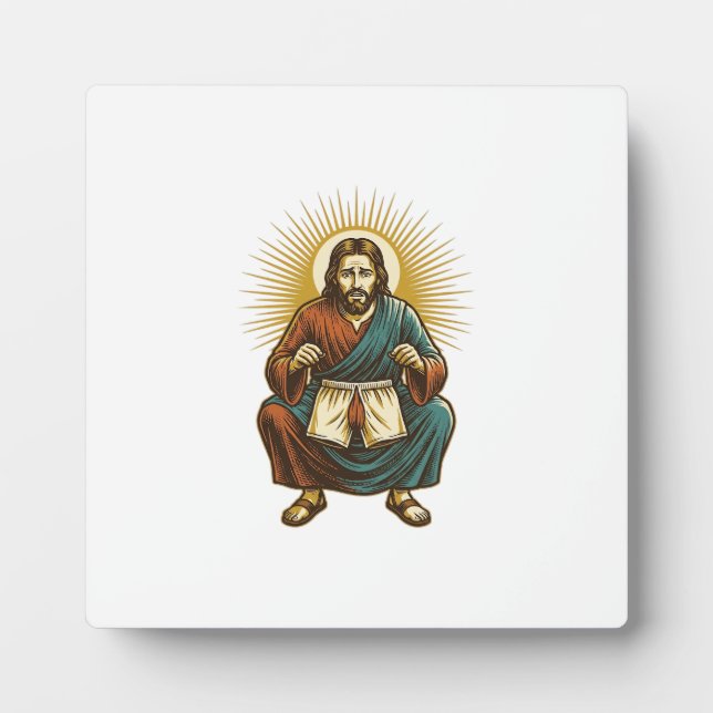 Jesus Adjusting Uncomfortable Wedgie Mid Squat Gym Plaque (Front)
