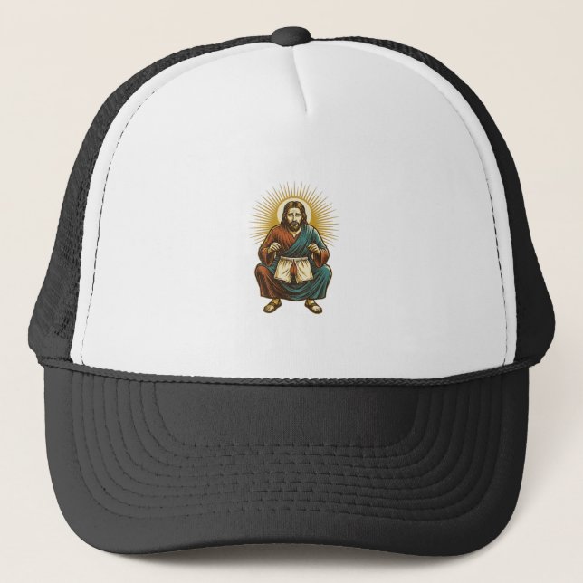 Jesus Adjusting Uncomfortable Wedgie Mid Squat Gym Trucker Hat (Front)