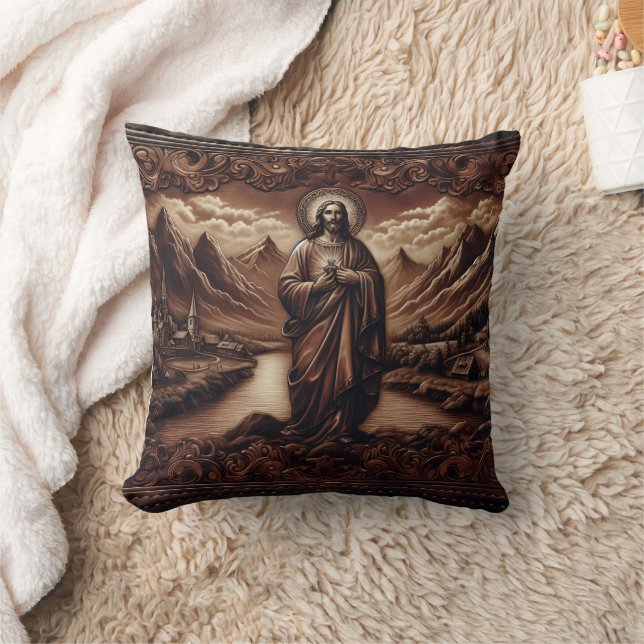 Jesus Amidst Mountain Landscape at Dusk Cushion (Blanket)