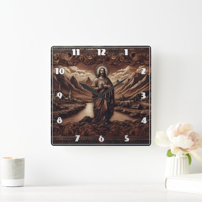 Jesus Amidst Mountain Landscape at Dusk Square Wall Clock (Home)