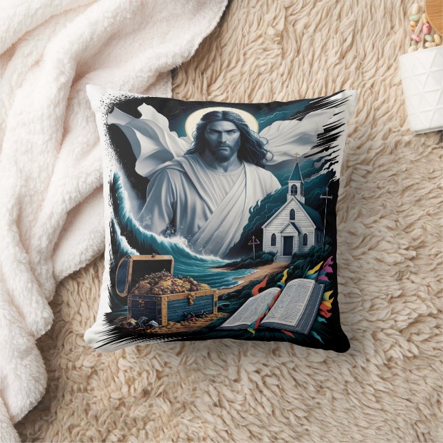 Jesus amidst waves and treasure near a church cushion (Blanket)