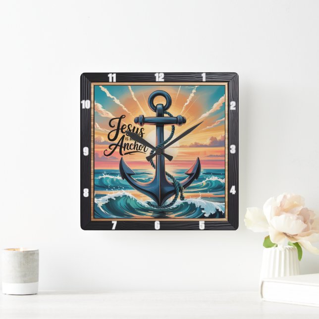 Jesus Anchor Waves Sunset Square Wall Clock (Home)