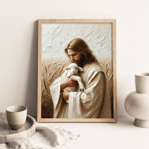Jesus and Baby Lamb, Christian Art, Jesus Christ  Poster