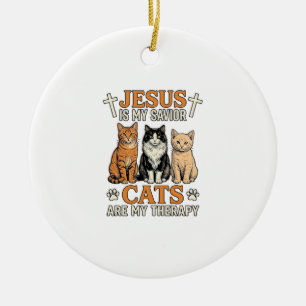 Jesus And Cats Are My Therapy Vintage Cat Shirt Ceramic Tree Decoration