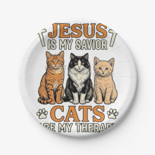 Jesus And Cats Are My Therapy Vintage Cat Shirt Paper Plate