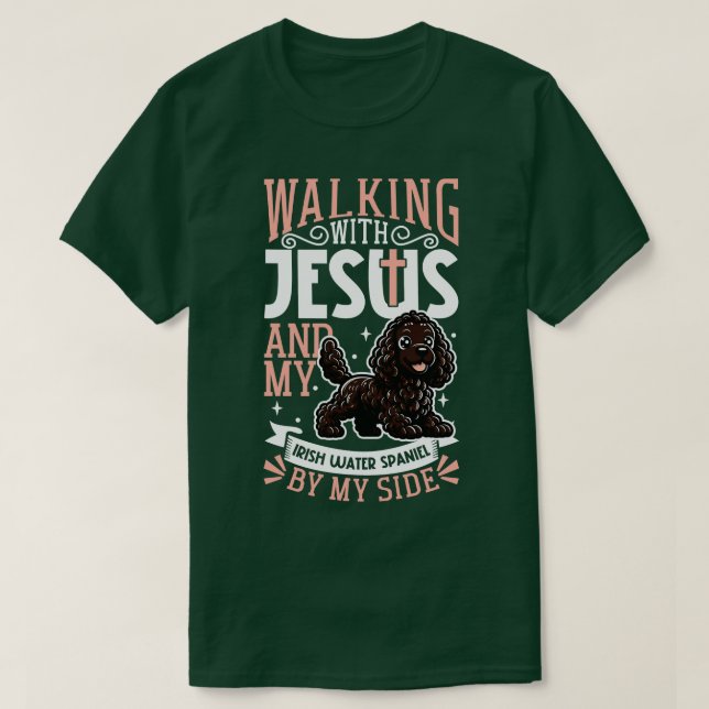 Jesus and dog Irish Water Spaniel T-Shirt (Design Front)