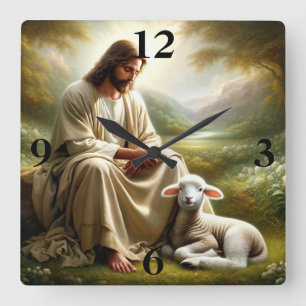 Jesus and Lamb Square Wall Clock