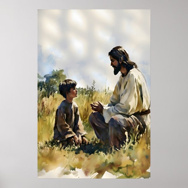 Jesus and Little Boy Talking in Field Print (Front)