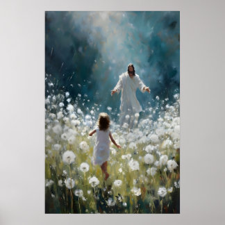Jesus and Little Girl in Dandelions Field Poster