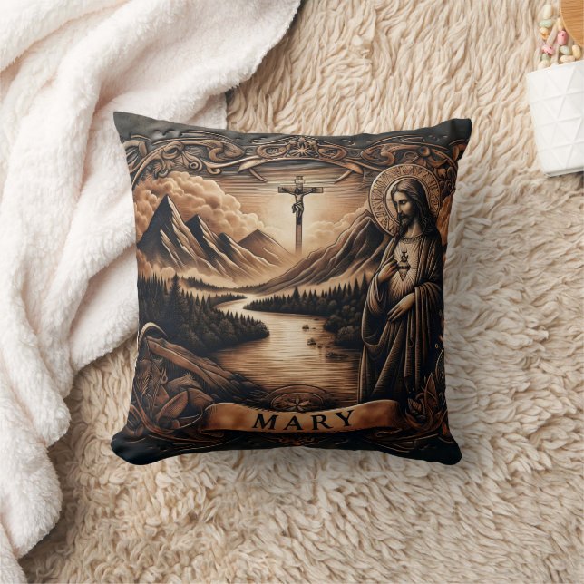 Jesus and Mary by a River With Mountains at Dusk Cushion (Blanket)