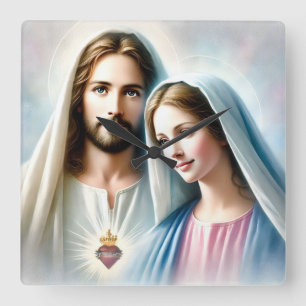 Jesus and Mary with Sacred Heart Square Wall Clock