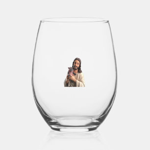 Jesus and Moo Deng_ A Unique Take on Classic Art T Stemless Wine Glass