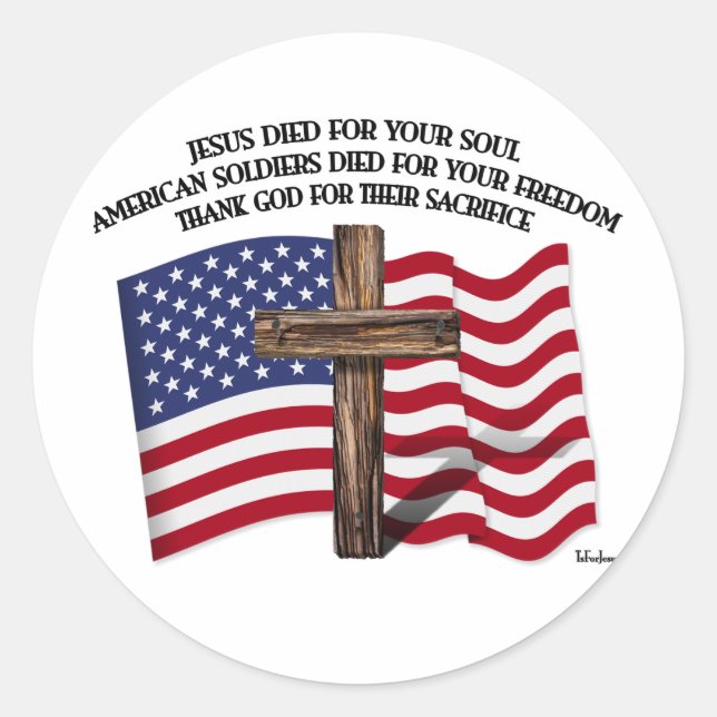 Jesus and the American Soldiers rugged cross US... Classic Round Sticker (Front)
