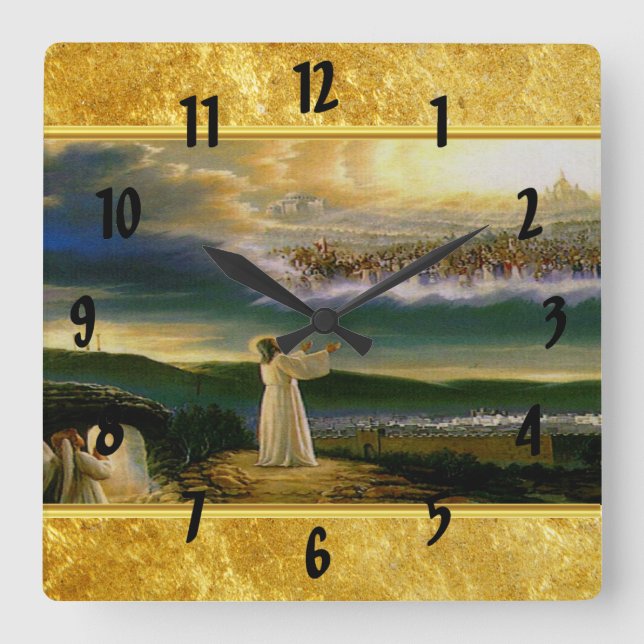 Jesus at Heaven's Gate Gold Texture Design Square Wall Clock (Front)