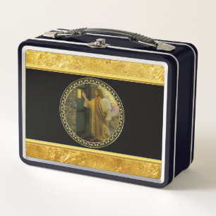 Jesus At Your Door in gold foil and black Metal Lunch Box