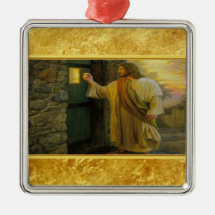 Jesus At Your Door with a gold foil design Metal Tree Decoration