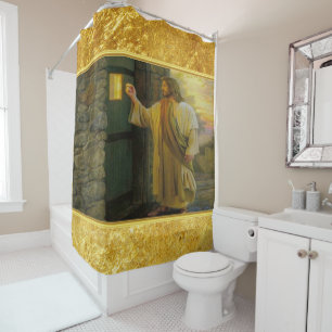 Jesus At Your Door with a gold foil design Shower Curtain