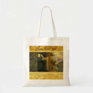 Jesus At Your Door with a gold foil design Tote Bag