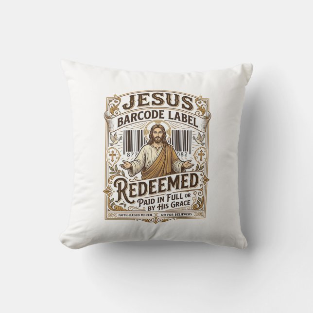 Jesus Barcode Label Redeemed Jesus Barcode Redeeme Cushion (Front)