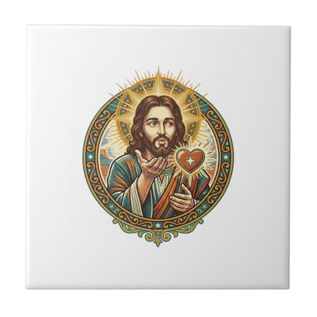 Jesus Blowing Kiss Red Heart Like Button Humor_1 Tile (Front)