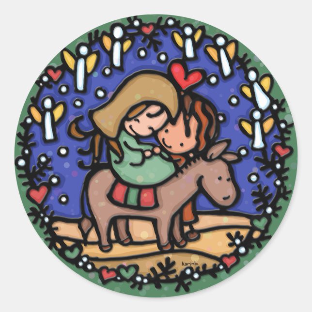 Jesus born Christmas day Angels rejoiced GREEN Classic Round Sticker (Front)