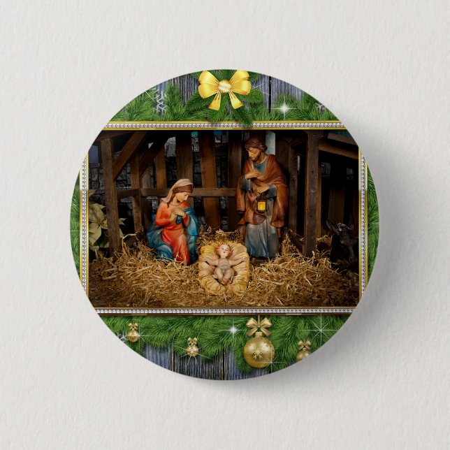 Jesus born manger 6 cm round badge (Front)