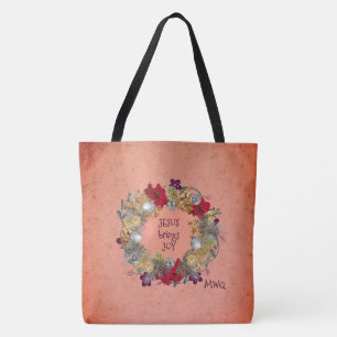 JESUS BRINGS JOY Peach Christmas Wreath Tote Bag