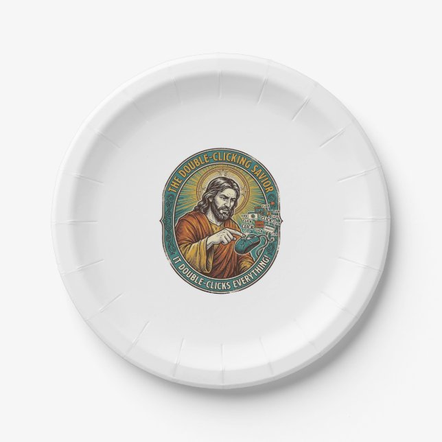 Jesus Broken Double Clicking Mouse IT Office Tech  Paper Plate (Front)