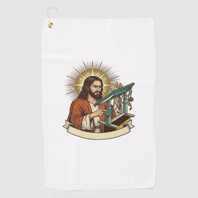 Jesus Broken Standing Desk Stuck Halfway Office Hu Golf Towel (Front)