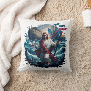 Jesus calming the storm near a great ship cushion