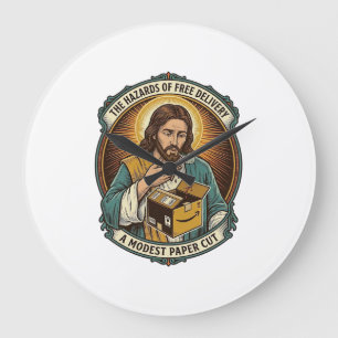 Jesus Cardboard Box Paper Cut Finger Pain Humor_1 Large Clock