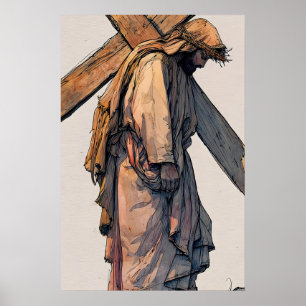Jesus Carrying Cross Print Christian Minimalist