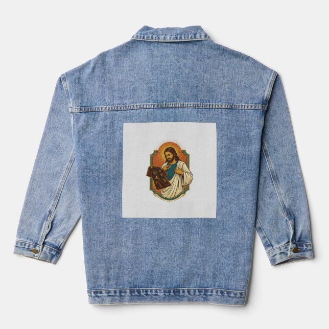Jesus Chalk Covered Black Gym Clothes Mess Workout Denim Jacket (Back)