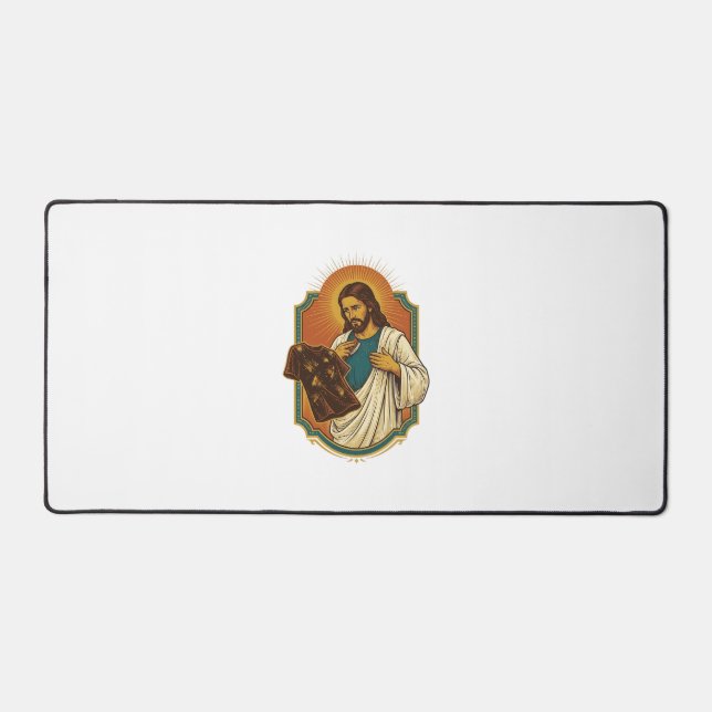 Jesus Chalk Covered Black Gym Clothes Mess Workout Desk Mat (Front)