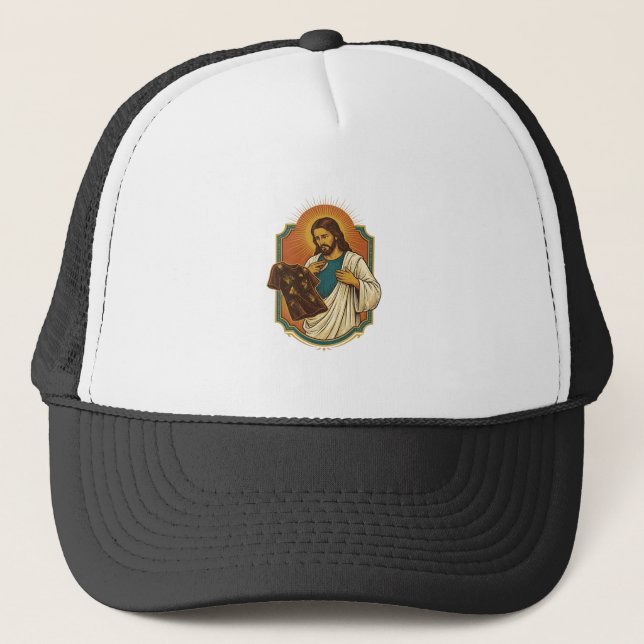 Jesus Chalk Covered Black Gym Clothes Mess Workout Trucker Hat (Front)