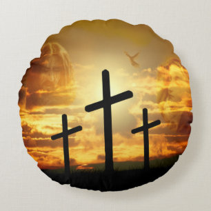 Jesus Christ Blessed Virgin Mary Dove Calvery Round Cushion