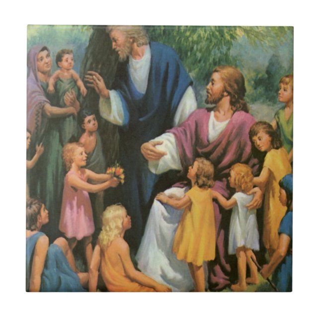 Jesus Christ Blessing Children, Vintage Religion Tile (Front)