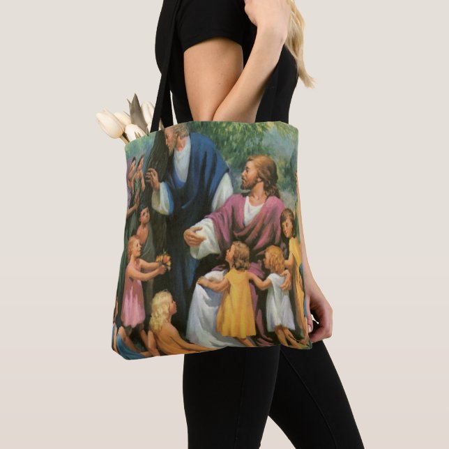Jesus Christ Blessing Children, Vintage Religion Tote Bag (Close Up)