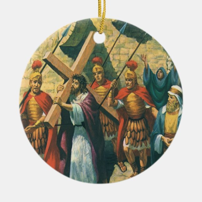 Jesus Christ Carrying the Cross to his Crucifixion Ceramic Tree Decoration (Front)